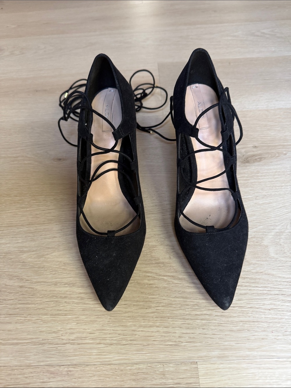 Aldo Black Pointed-Toe Lace-Up Heels